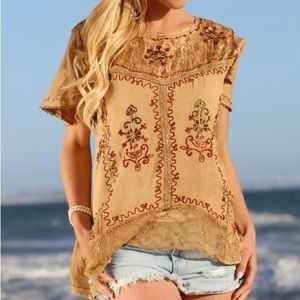 One Size Ananda's Collection | Tan Embroidered Short-Sleeve Tunic - Women & Plus